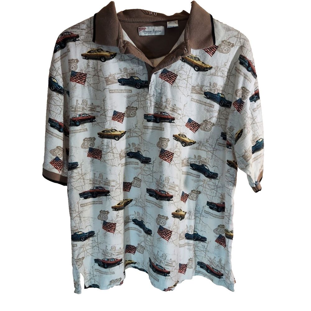 American Summer Clothing Mens XL Classic Cars Rt 66 Patriotic Flag Collar Shirt